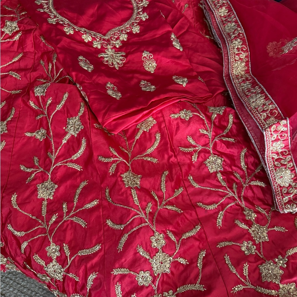 Red and Gold Embroidered Lengha Fabric Bollywood